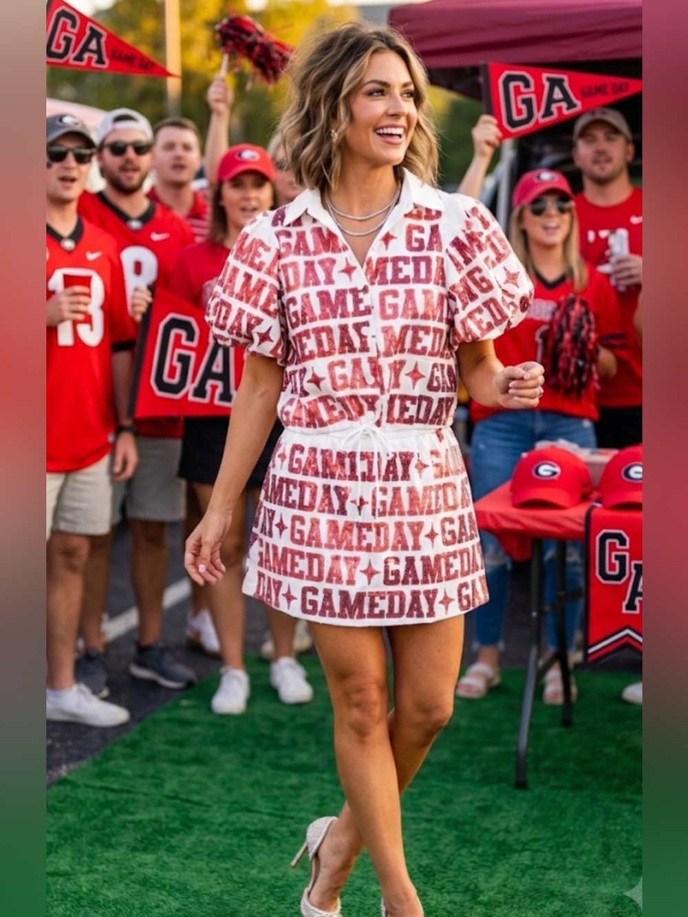New! QUEEN OF SPARKLES White and Red Sequin GAME-DAY Poof Sleeve Top & Skirt Set